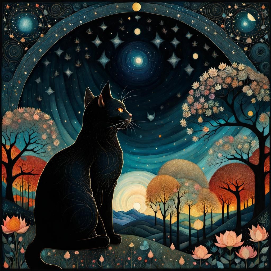 Whimsical Cat Lovers Gaze at Night Sky