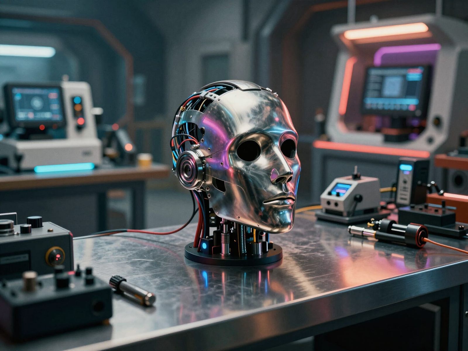 Futuristic Cyborg Head on Neon Workbench