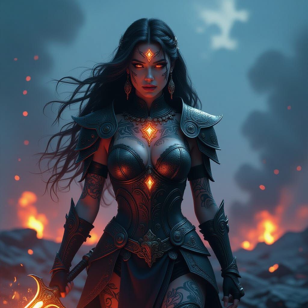 Goddess on Battlefield in Dark Fantasy Style