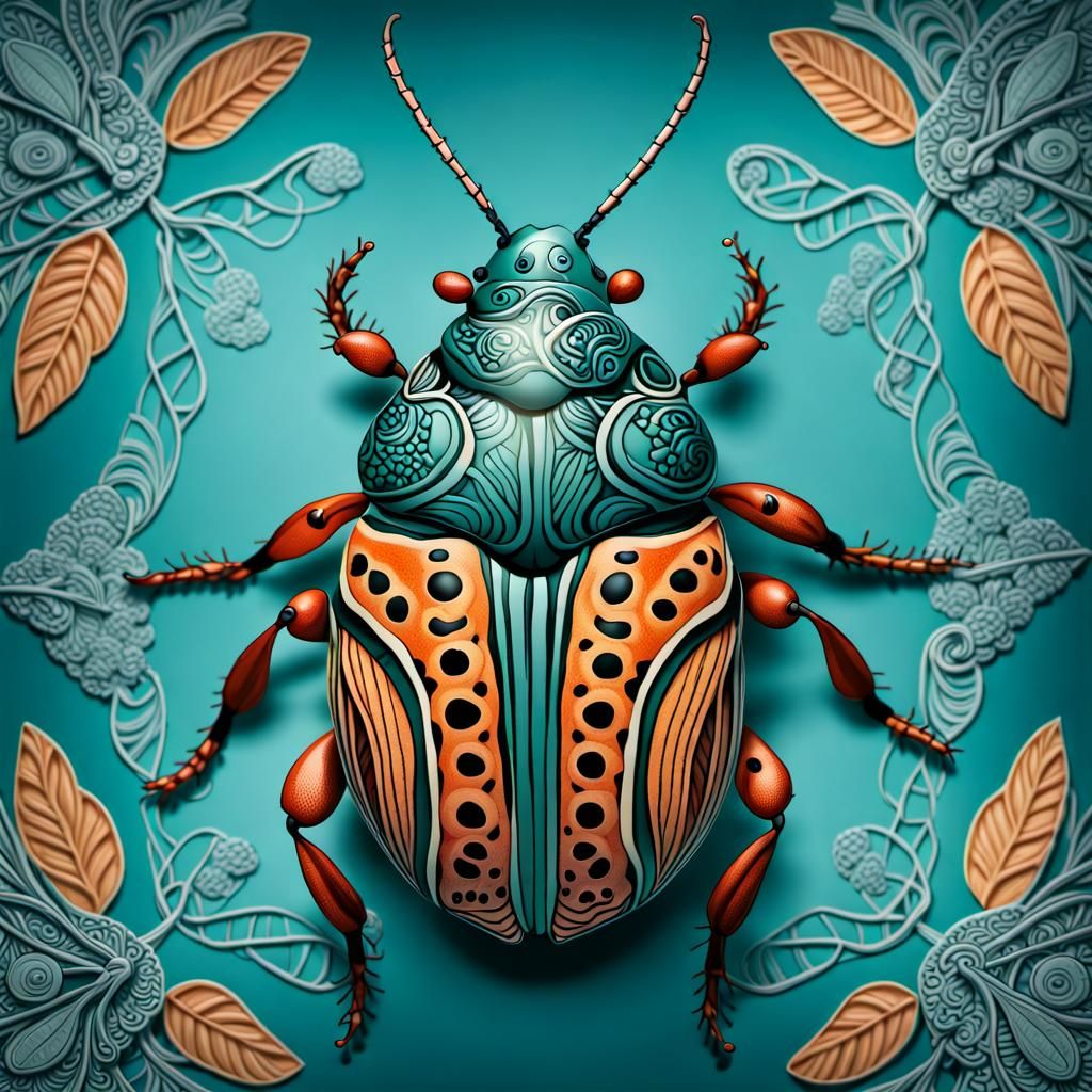 Zentangle Colorado Beetle in Teal, Hyperrealistic HDR Image