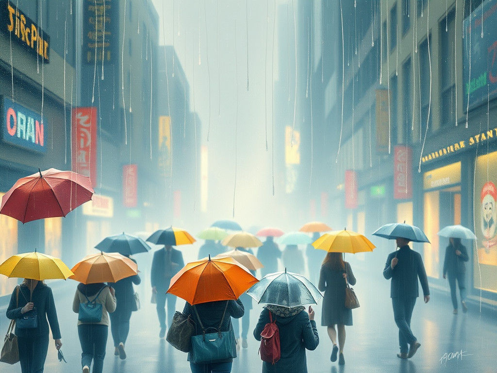 Ethereal Light Rain Over City Street, Impressionist Style