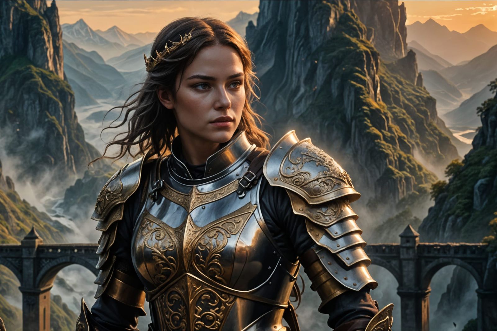 Female Knight Battles Demon on Misty Mountain Bridge