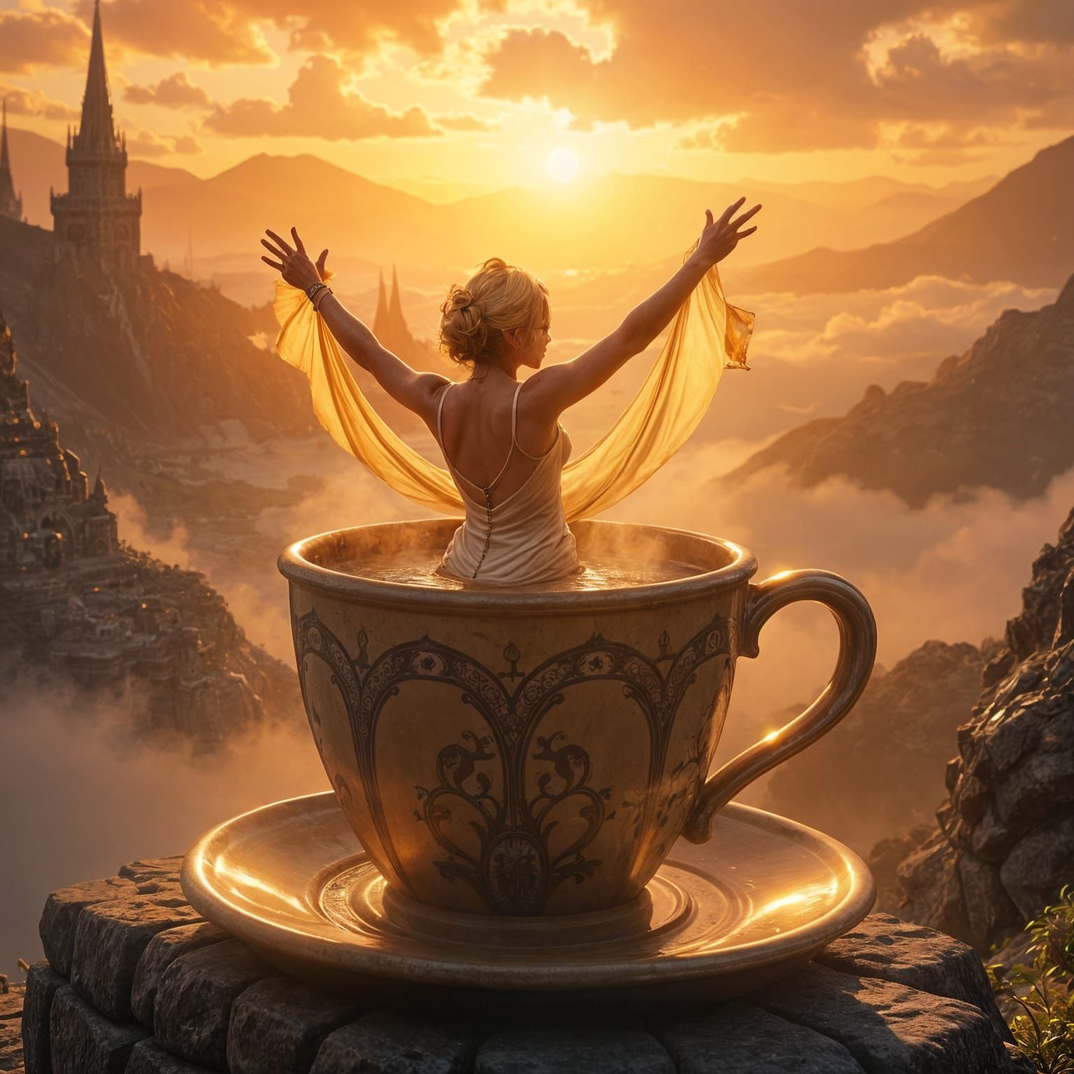 Lady Diving into Coffee Cup at Sunrise