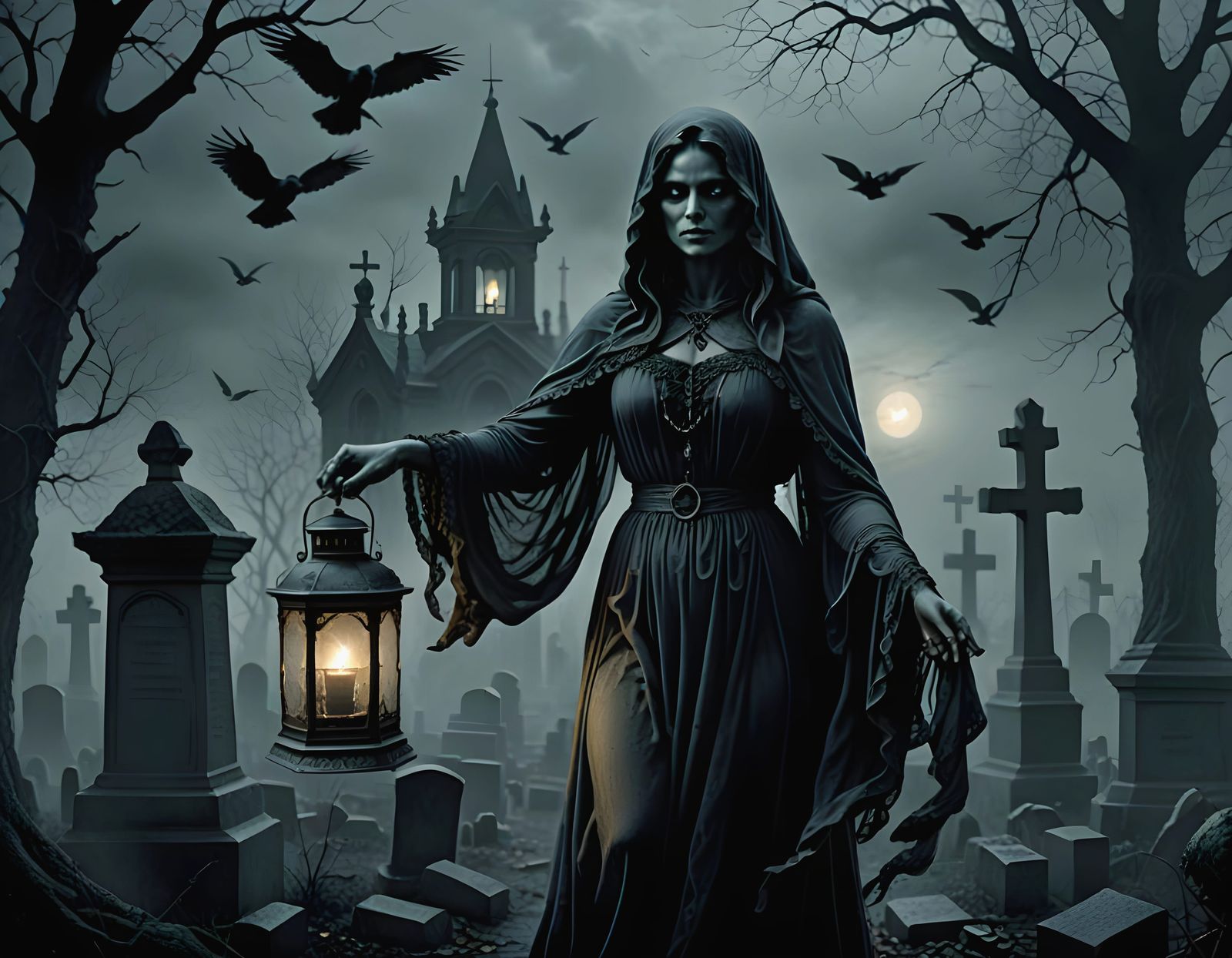 Creepy Ghost Woman Illuminates Cemetery in Dark of Night