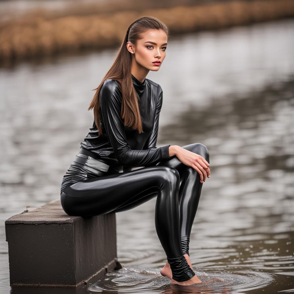 Model in Wet Look Leggings: Photoshoot Image