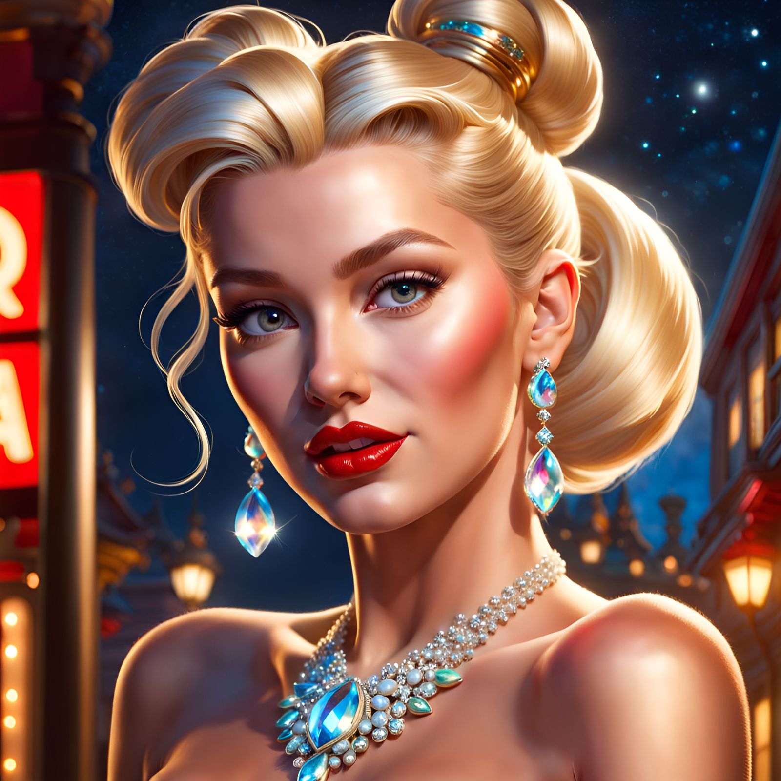 Gorgeous Jeweled Woman at Night in 3D Render