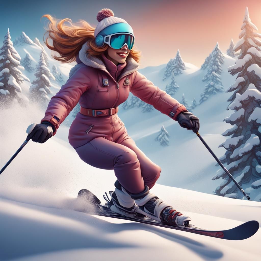 Woman Skiing in Caricature Style