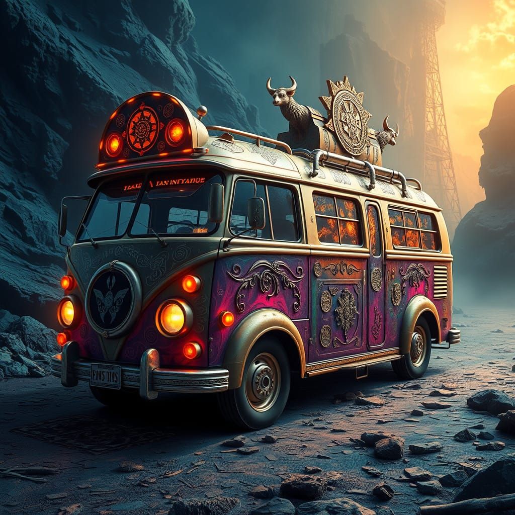Mystical Minibus in Vibrant, Dreamlike Concept Art Style