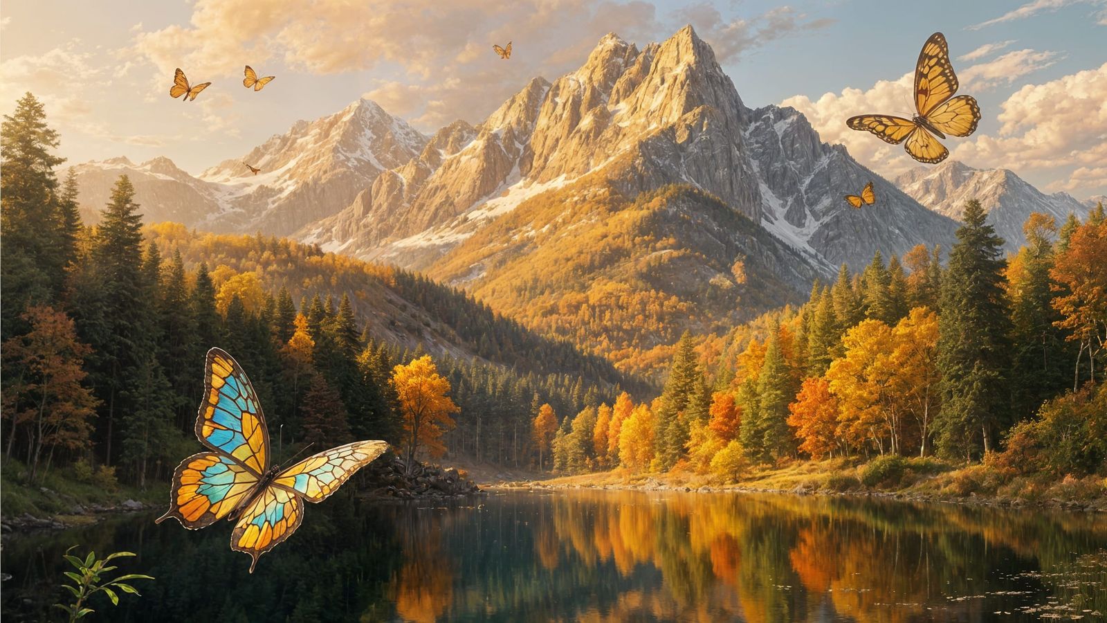 Golden Autumn Mountains With Stained Glass Butterflies