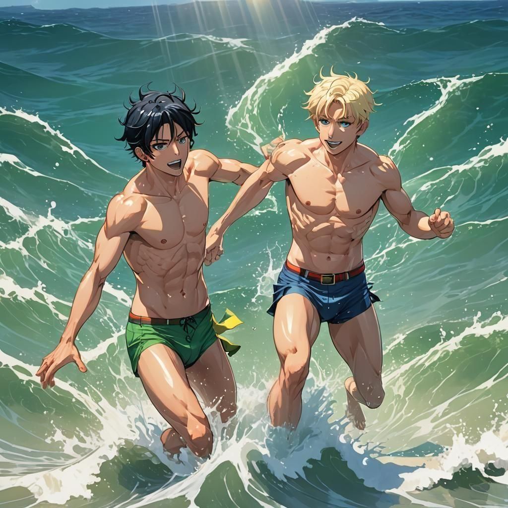 Rainbow Speedos: Anime-Style Ocean Fun