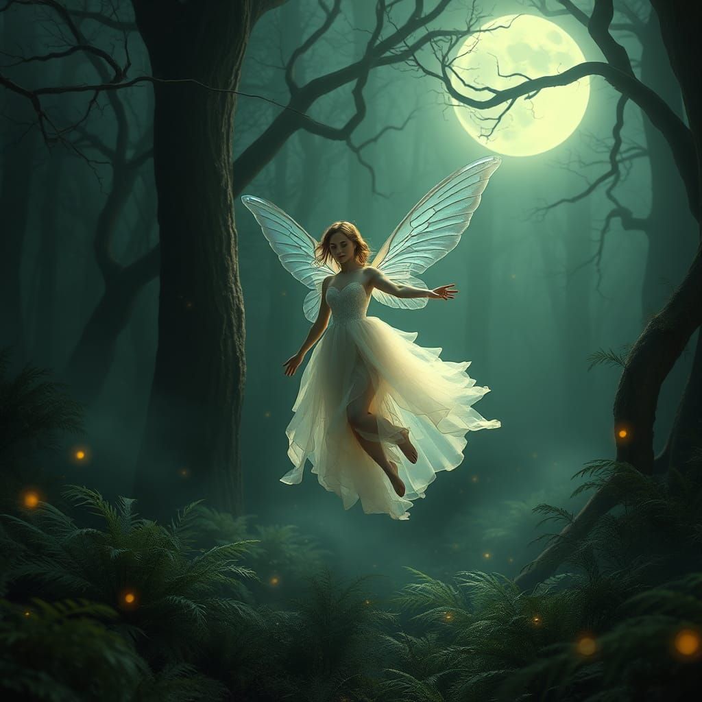 Ethereal Fairy Gliding Through Moonlit Forest