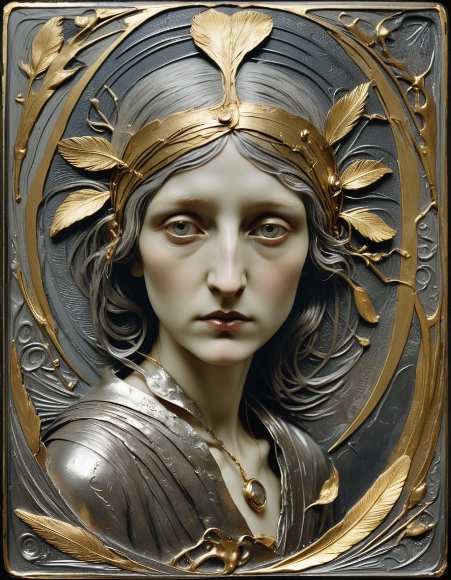 Crone Portrait in Embossed Tinplate Collage Style