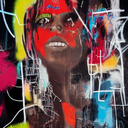 Basquiat-Inspired Woman in Neo-Expressionist Graffiti Art
