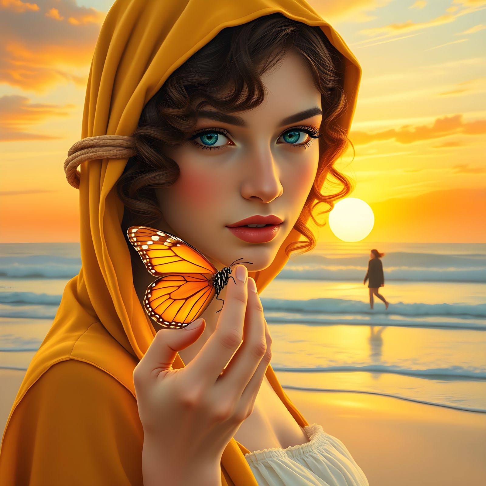 Woman with Butterfly on Dreamlike Sunset Beach