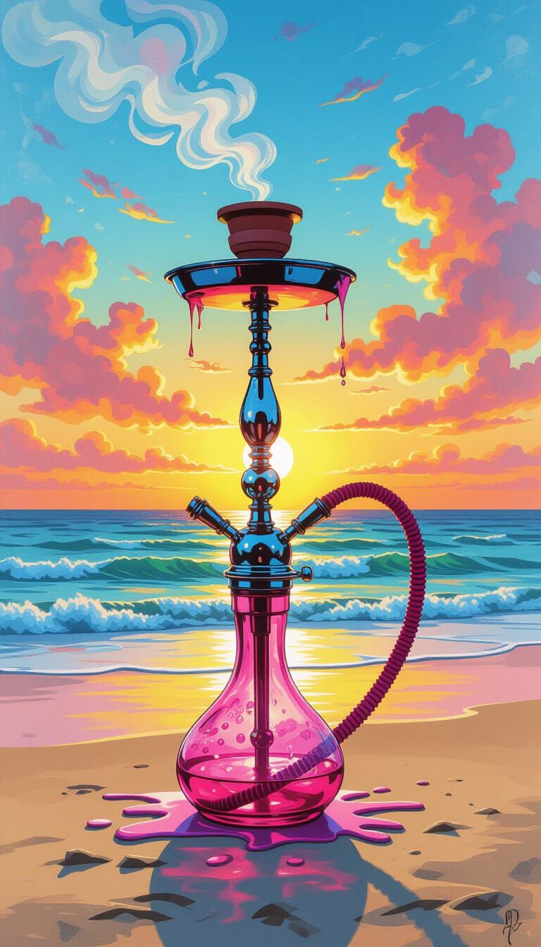 Pink Shisha on Beach at Sunset in Graffiti Art Style