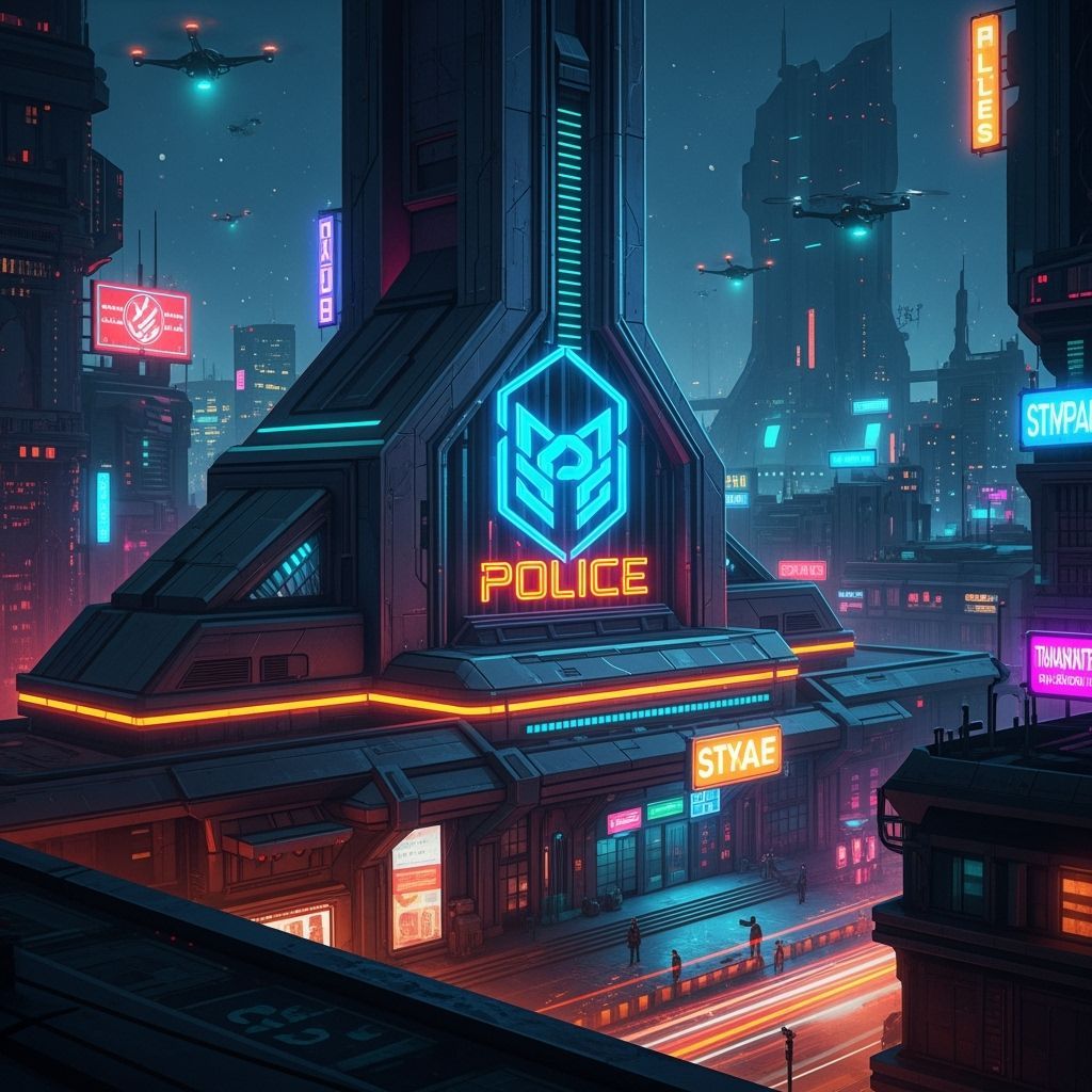 Futuristic Thai Police Logo in Cyberpunk Cityscape