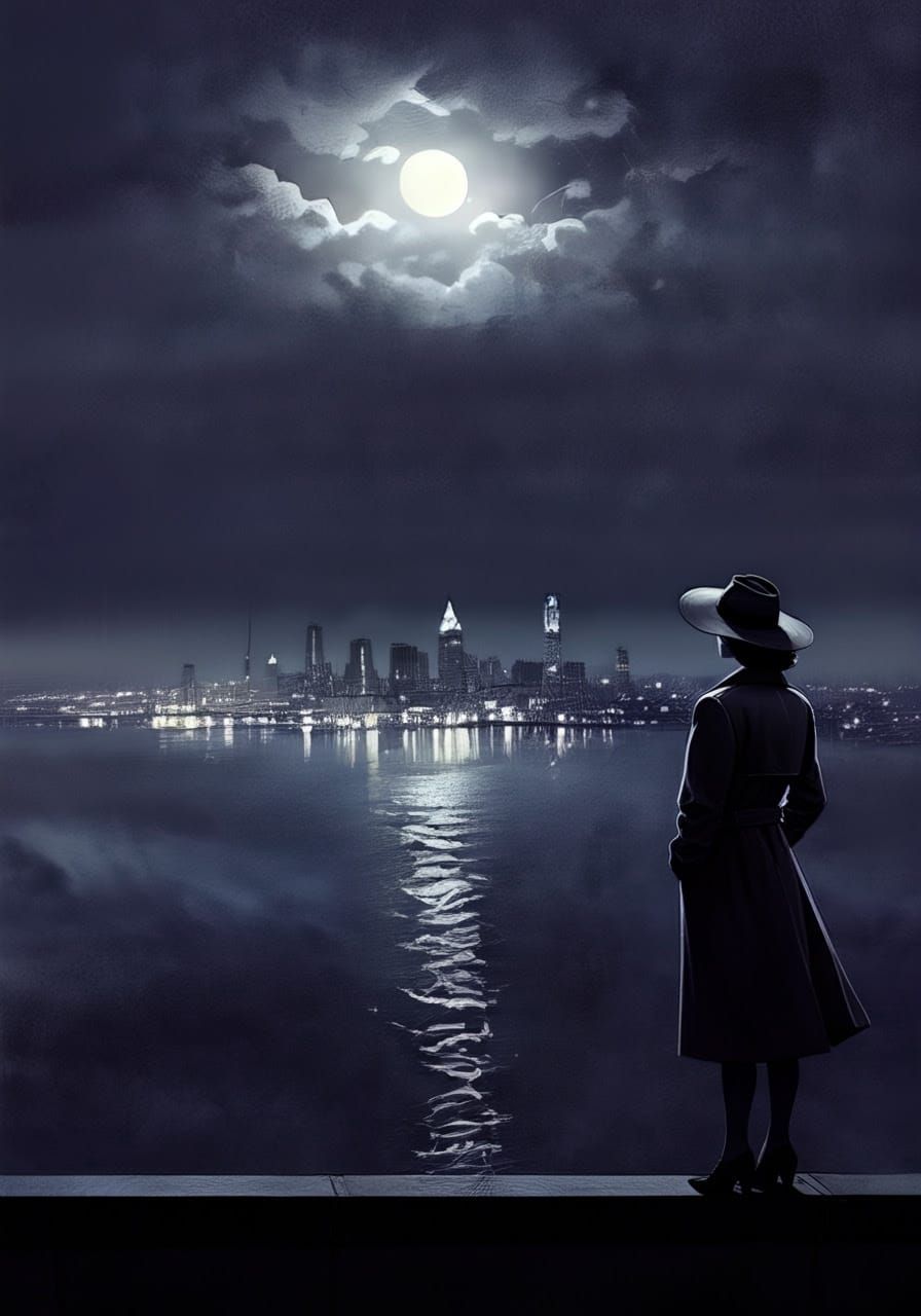 Mysterious Woman on Rooftop in Film Noir Style