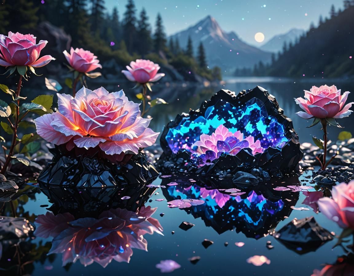 Crystal Geode Lake: Neon Holographic Watercolour Art