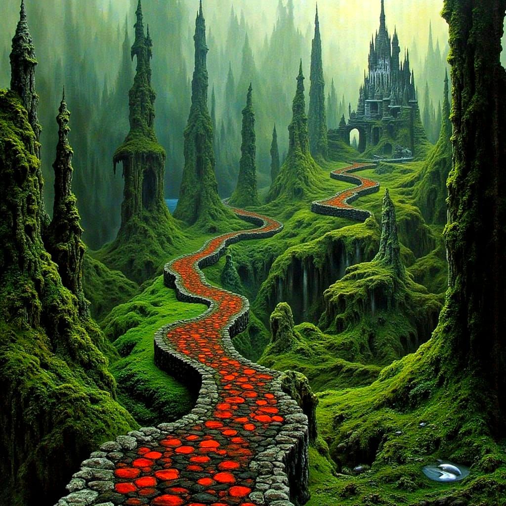 Surreal Path Through Misty Cathedral City