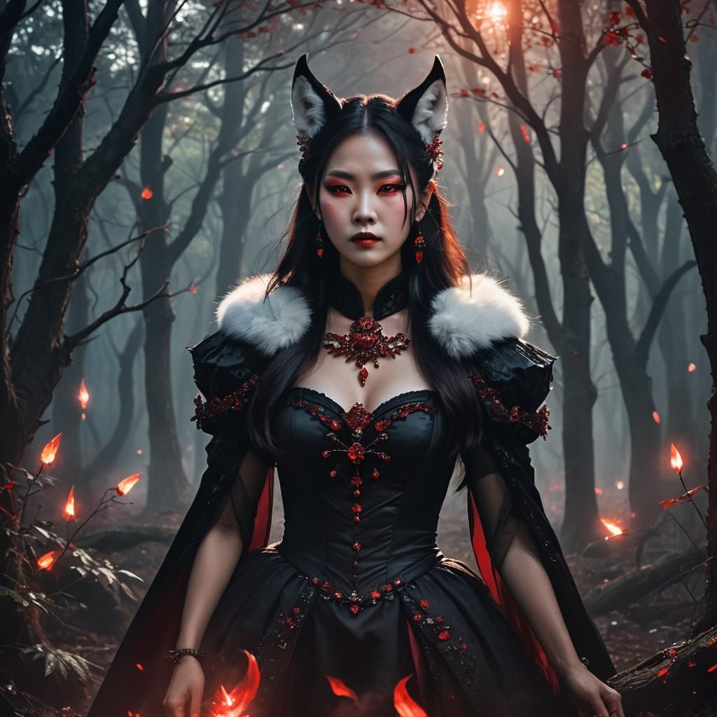 Korean Vampire Queen in Mystical Forest, Dark Fantasy