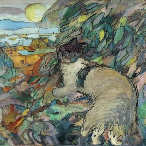 Brave Cat Returns: Vrubel and Ghibli Style