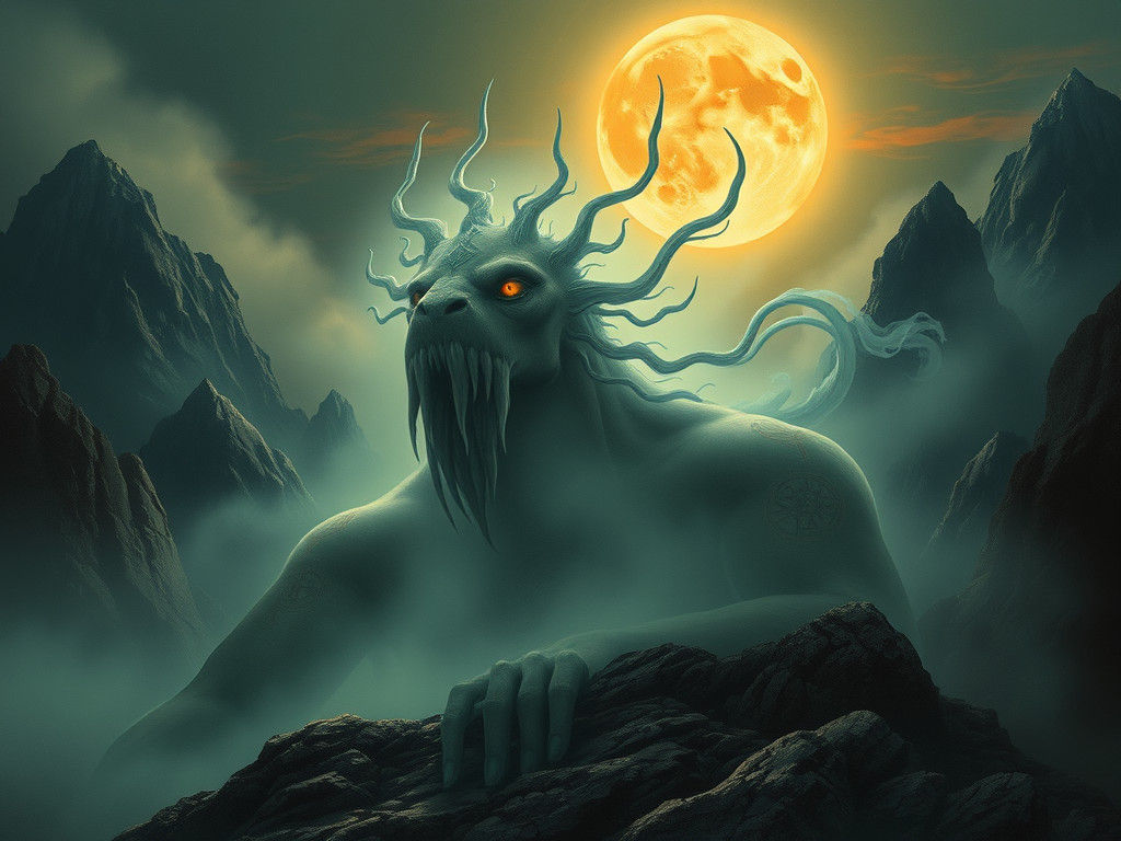 Mystical Being in Moonlit Mountains: Surrealist Art