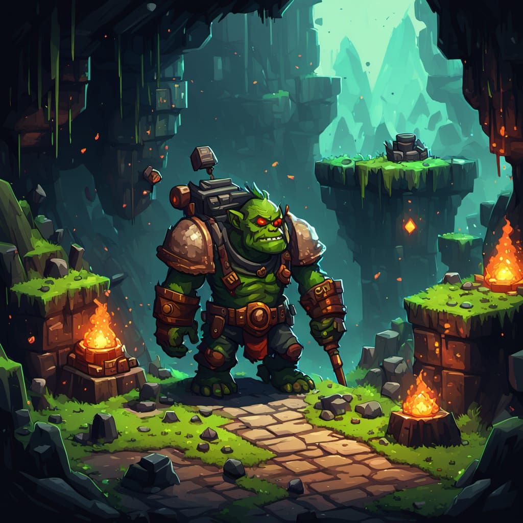 Ork Miner in Pixelated Mine with Ethereal Lighting