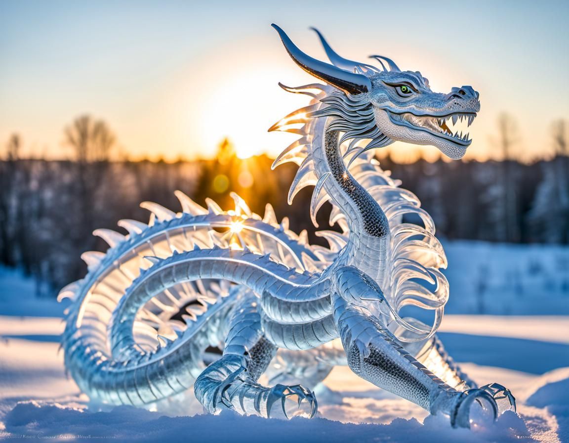 Giant Ice Dragon Sculpture in Winter Wonderland
