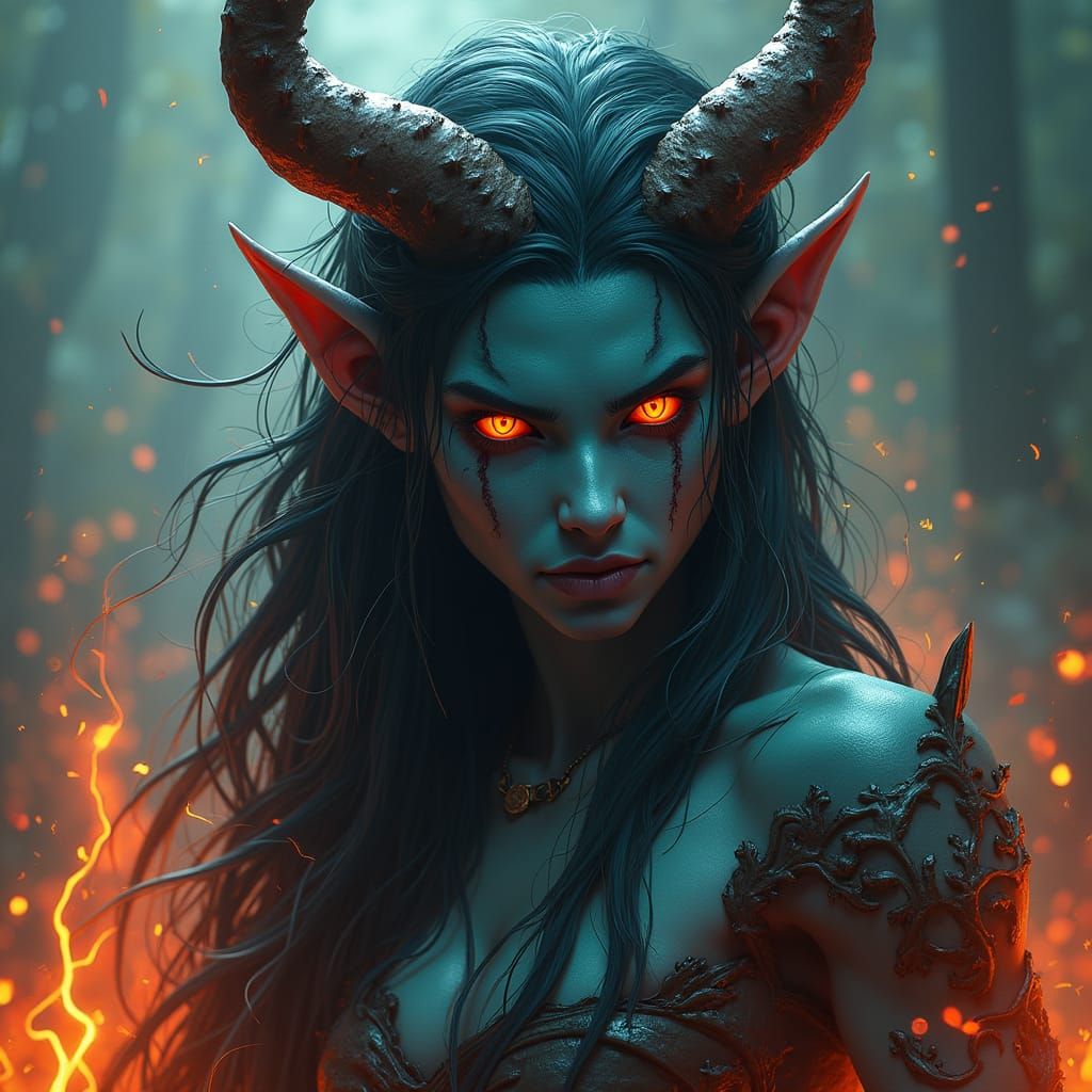 Teal Tiefling with Fiery Aura in Matte Painting Style
