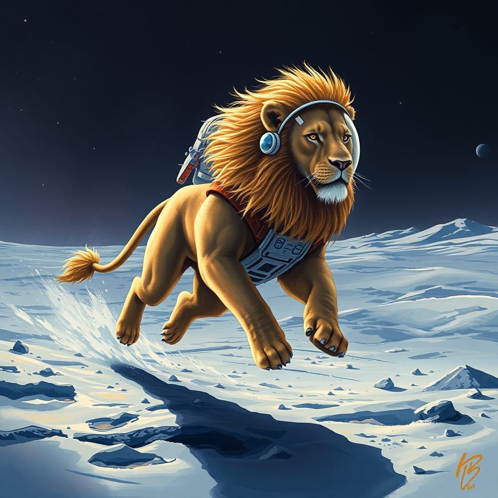 Lion in Spacesuit Runs on the Moon