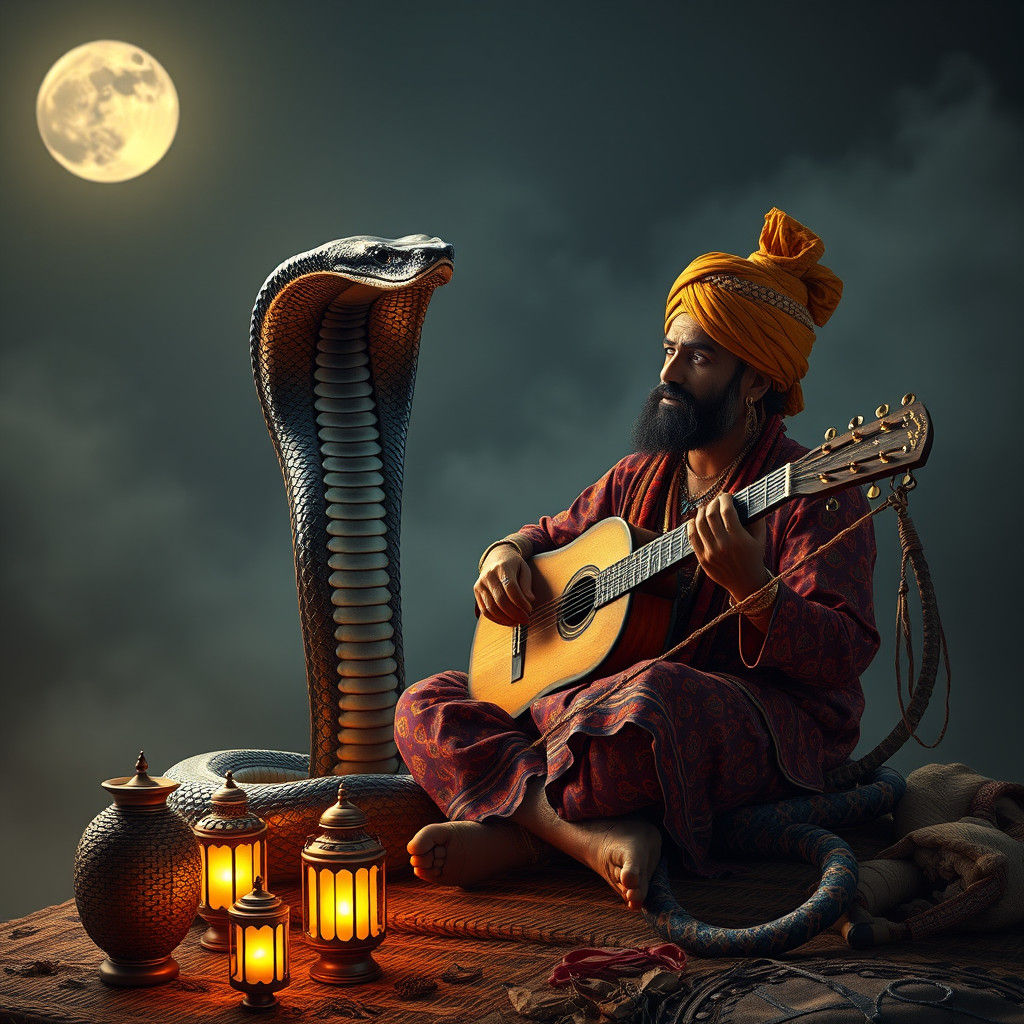 Snake Charmer and Majestic Cobra in Dreamlike Digital Art