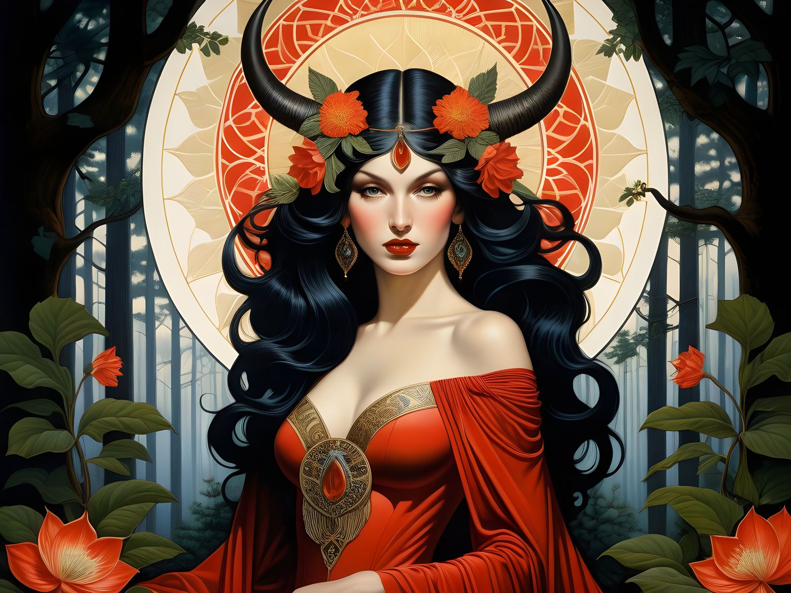 Glamorous, Full-Bodied Demon in a Dark, Dreamlike Forest