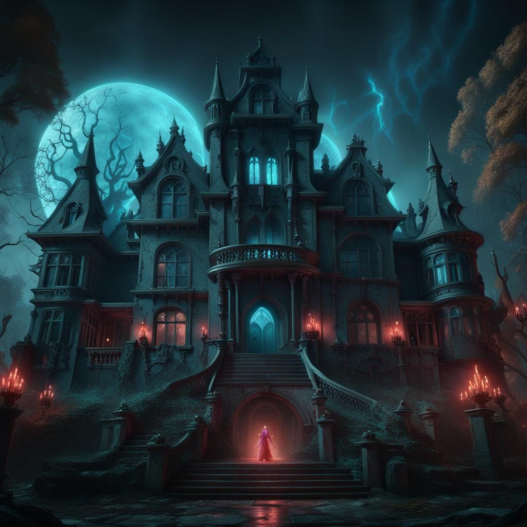 Bioluminescent Demonic Manor: Detailed Fantasy Concept Art