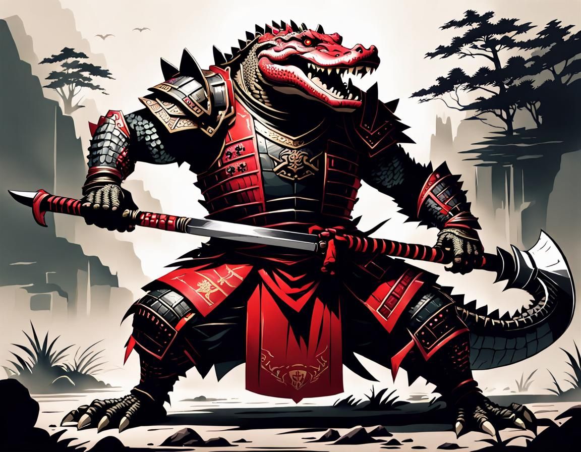 Crocodile Ronin Warrior in Crimson Armor