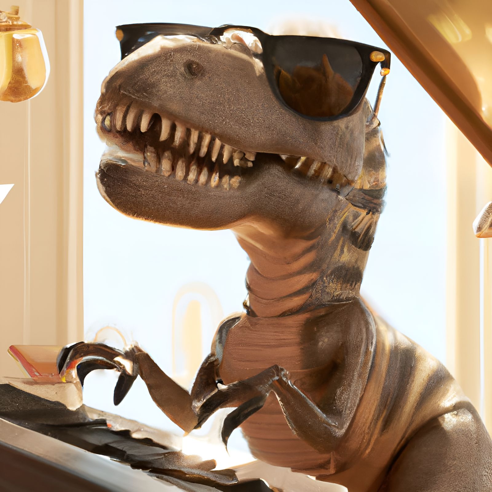 T-Rex Plays Piano in Detailed 3D Digital Art