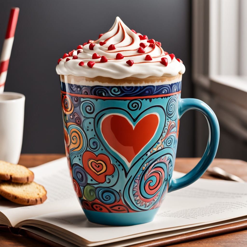 Whimsical Hand-Painted Latte Cup with Valentine's Day Motifs