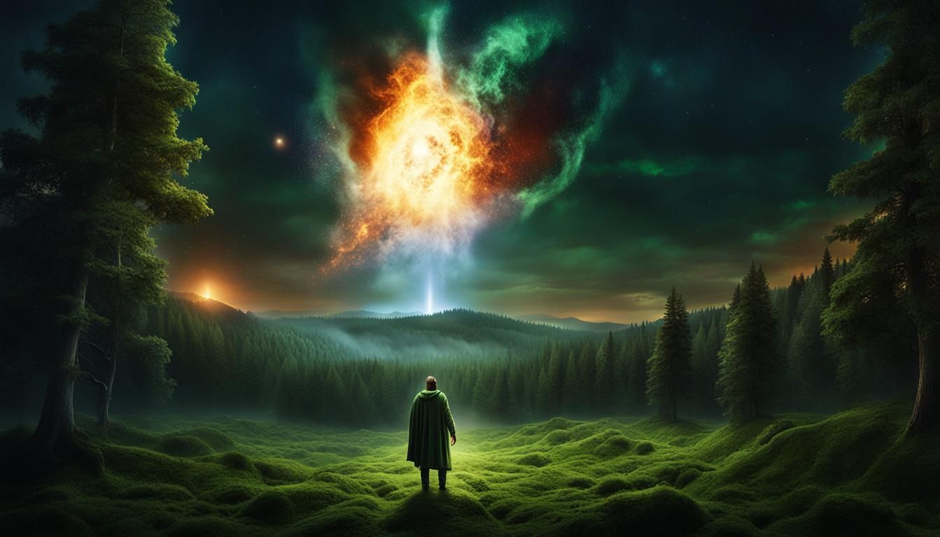 Burning Comet Over Green Forest Horizon