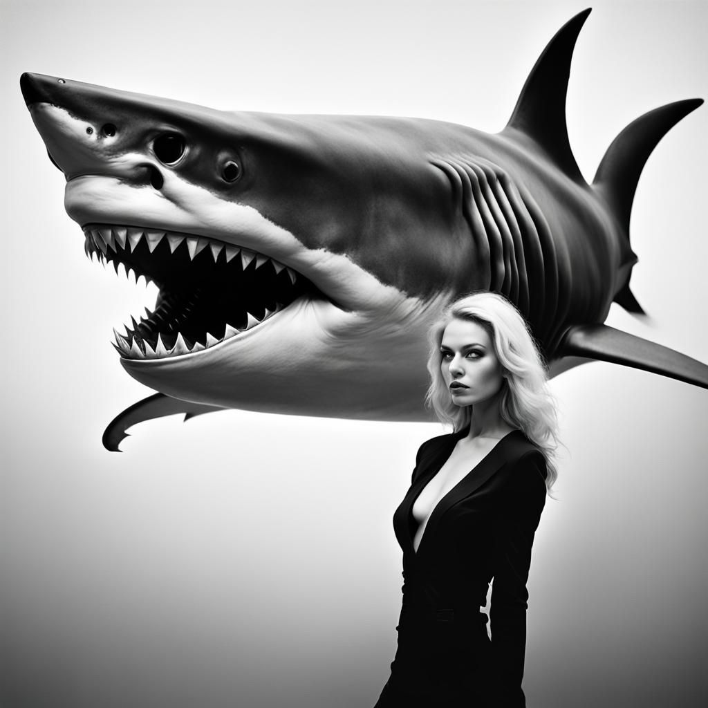 Sinister Shark-Headed Woman in Black and White