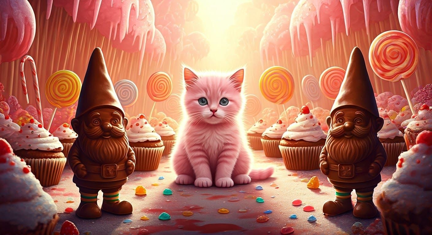 Kitten Surrounded by Chocolate Gnomes in Candy Garden