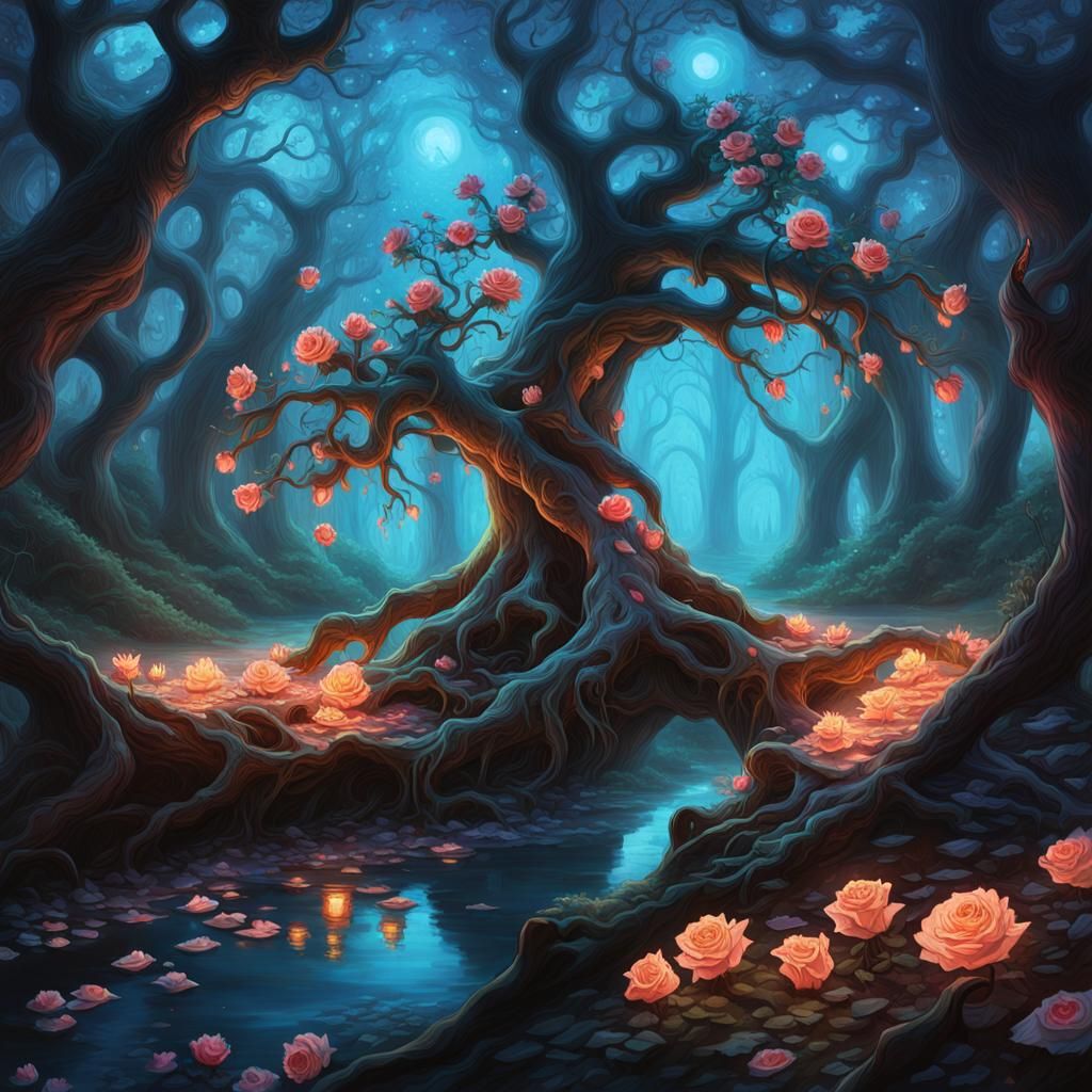 Glowing Rose River in Mystical Dark Forest