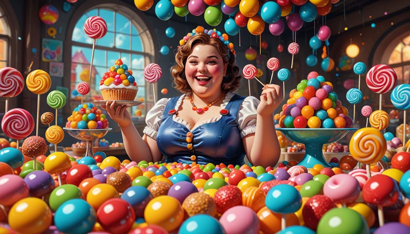 Whimsical Candy Maker in a Fantastical Candyland Factory
