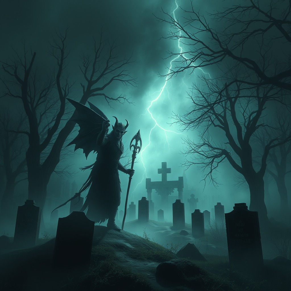 Dark Elf Haunting Cemetery in Lightning Storm
