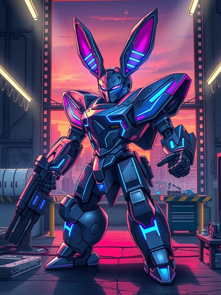 Armored Rabbit Mecha in Industrial Hangar, Anime Style