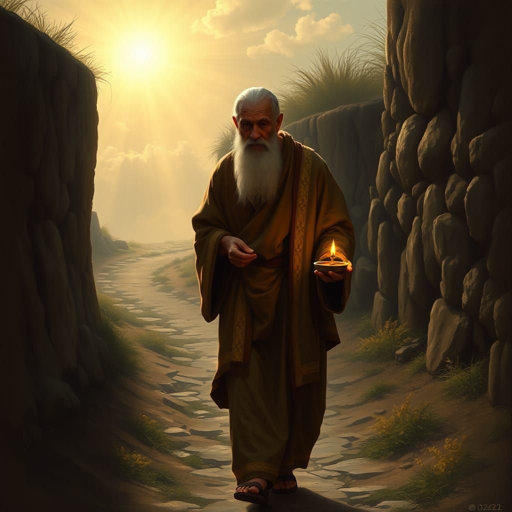 Ethereal Old Man with Lamp on Shadowy Path