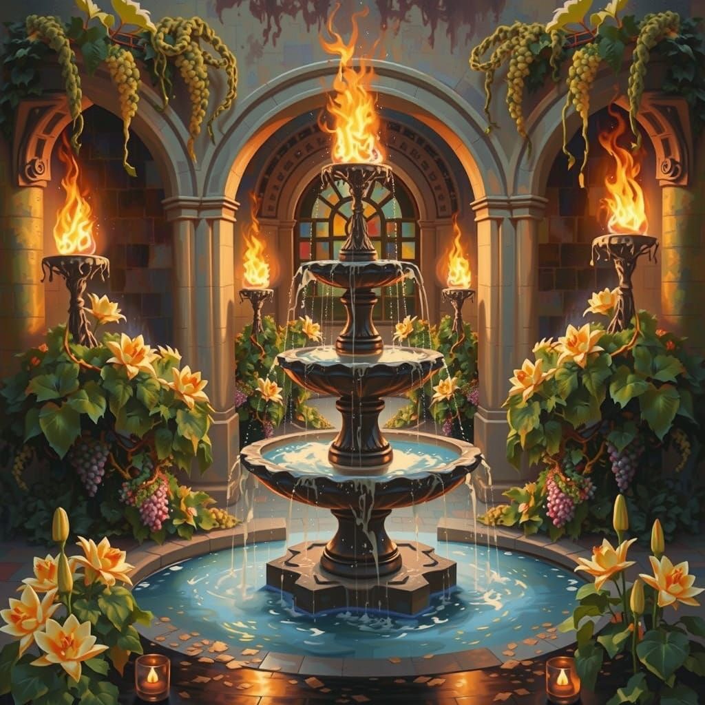 Fantasy Fountain with Flaming Torches