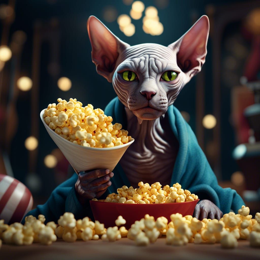 Sphynx Cat Eats Popcorn: Detailed Matte Painting