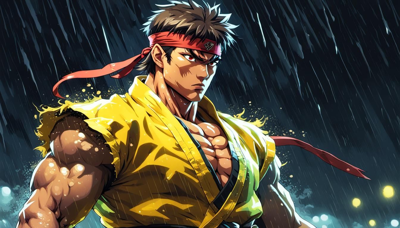 Ryu in Neon Rain: Anime-Inspired Street Fighter Art