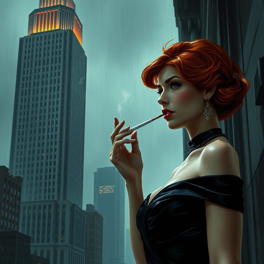Elegant Femme Fatale in Rainy City, Art Deco Style
