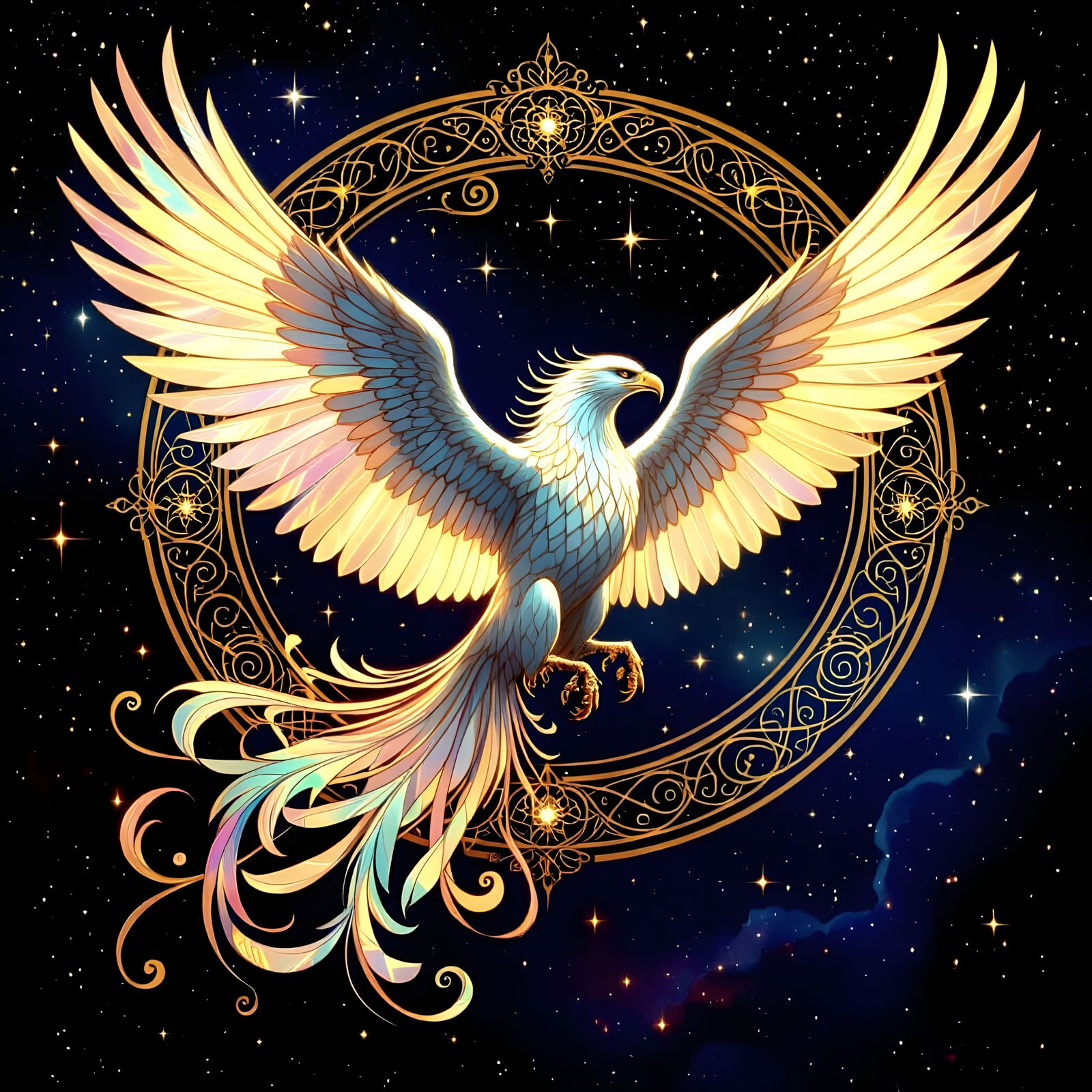 Majestic Griffin Soaring Through Nebula in Art Nouveau Style