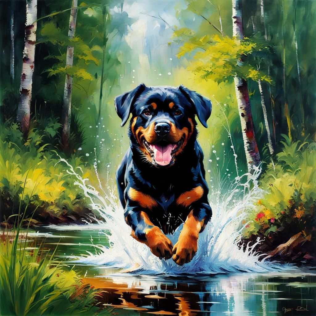 Joyful Rottweiler Runs Through Forest: Fine Art Oil Painting